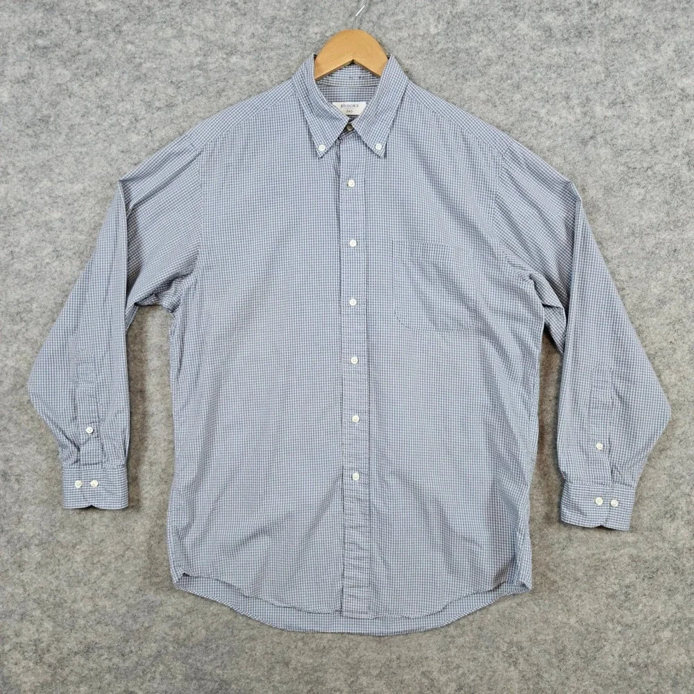 Brooks 346 Men's Gray Checks Dress Shirt Size M 15 1/2 - 32/33 100% Cotton STAIN